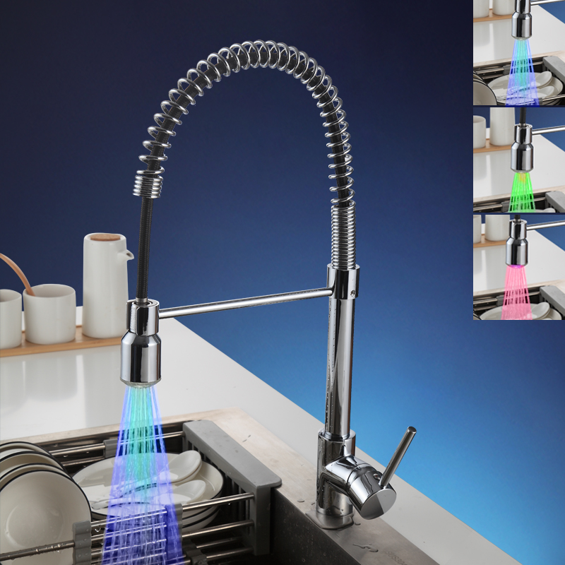 Adjustable 360 Rotating Spring Kitchen Faucet Multi-color Luminous Water Flow LED Faucet