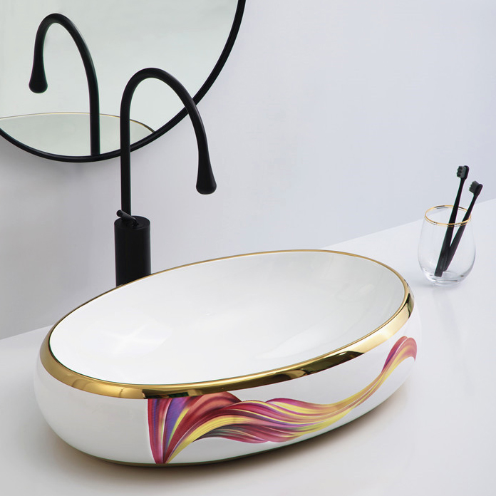 Modern home decor luxury golden oval ceramic above countertop basin bathroom sink art hand wash basin