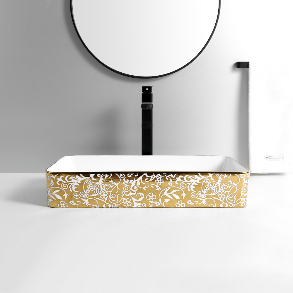 Luxury Gold Plated Lavabo Ceramic Vessel Sink Rectangular Face Hand Wash Basin Luxury Gold Bathroom Sink