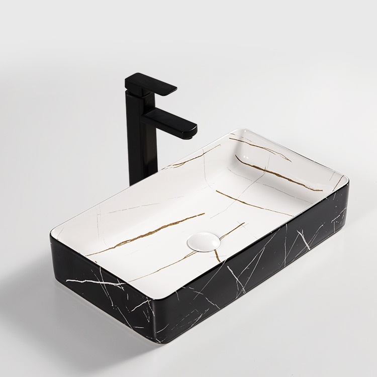 Modern Handmade Rectangular Shape Art Lavabo Above Counter Black Marble Bathroom Sink Countertop Ceramic Marble Wash Basin